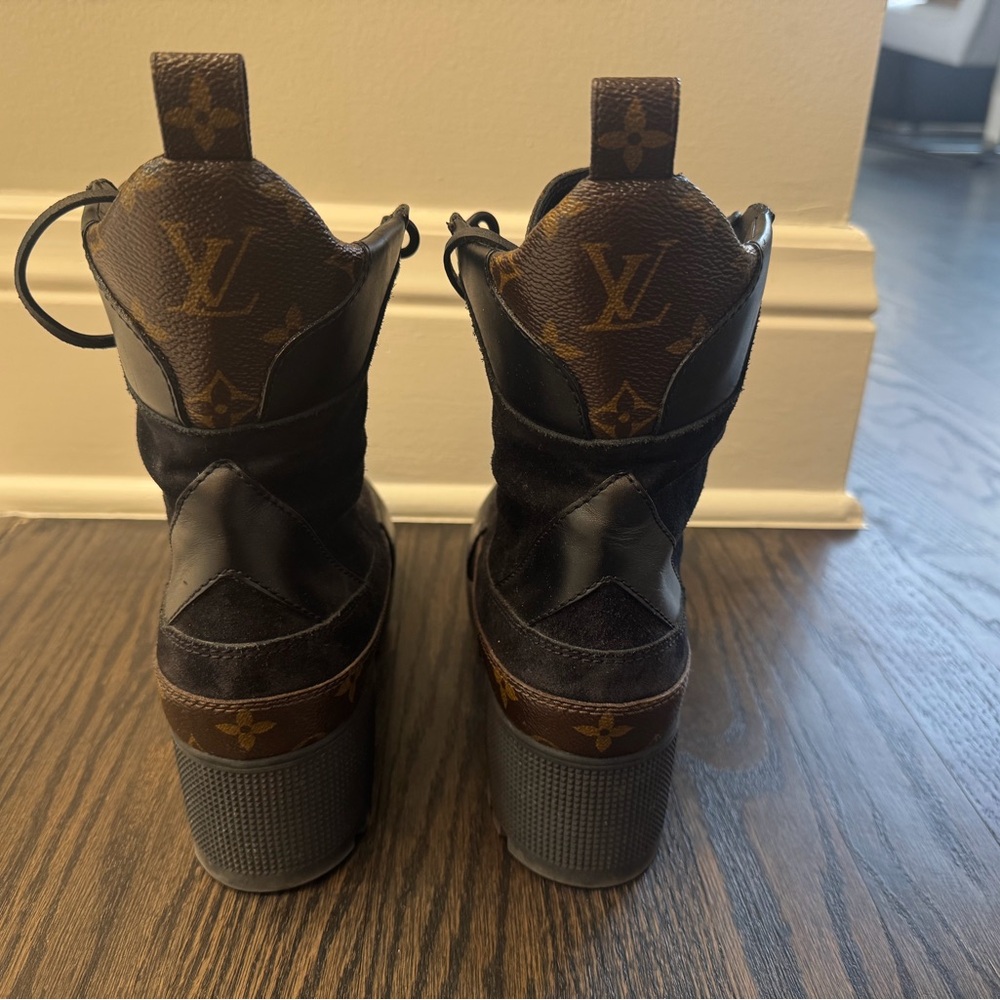 Louis Vuitton Black and Brown Monogram Lace-Up Ankle Boots - Picture 3 of 7